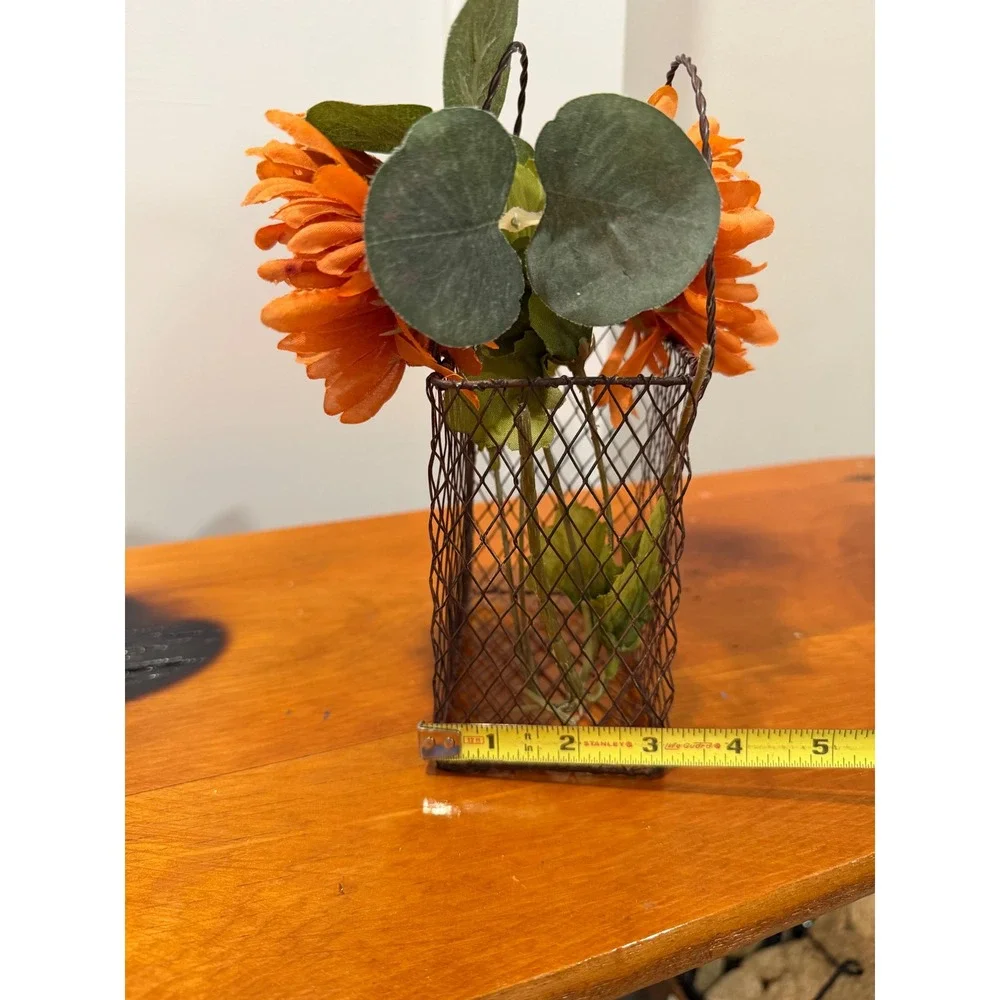 Rustic Brown Metal Chicken Wire Basket with Faux Orange Flowers Farmhouse Decor